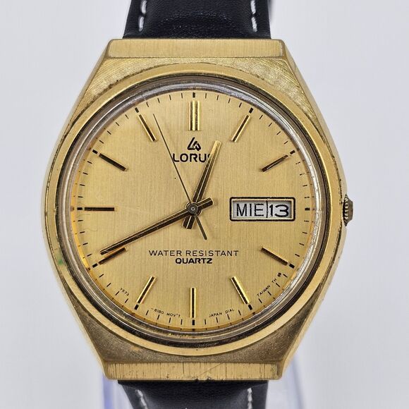 VTG Lorus Men's Watch 36MM Gold Dial DayDate New Black Leather Bands New Battery - Picture 2 of 16